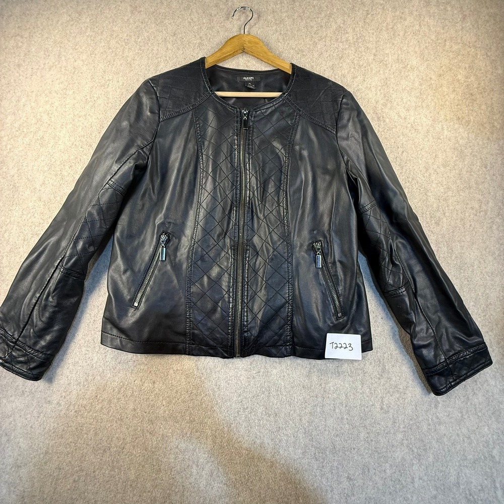 Alfani Petite Womens Black Faux Leather Quilted Moto Jacket Size PL PLarge